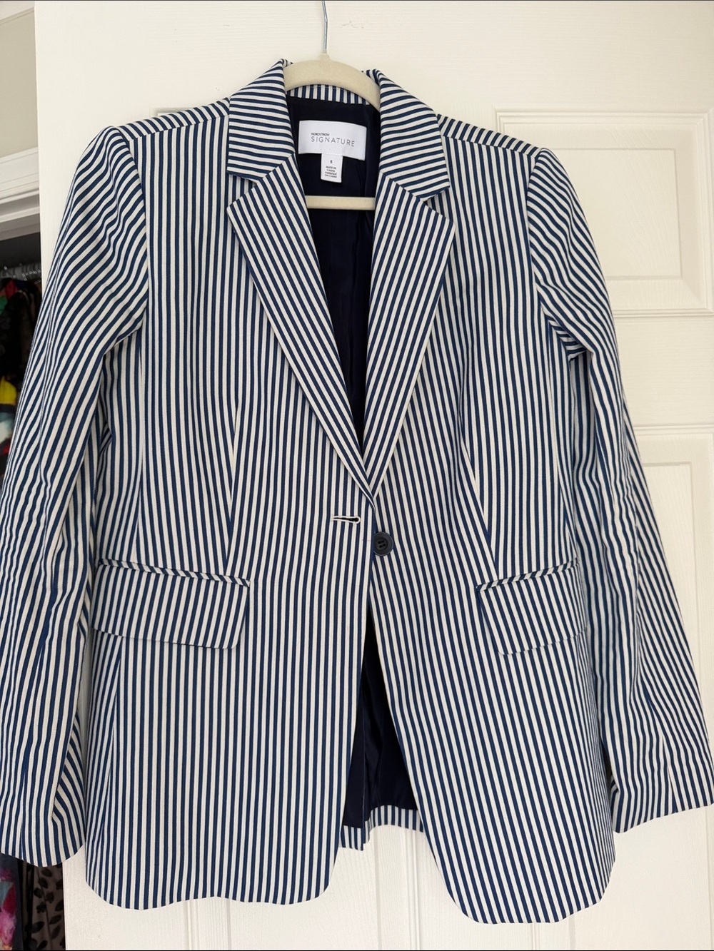 Signature Navy & White Striped Blazer - Women's Tailored Suit Jacket